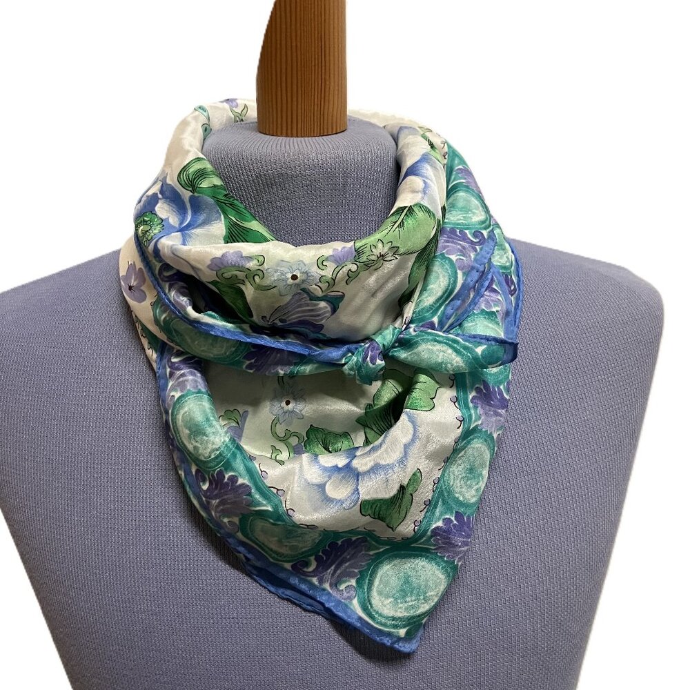 Worthington Silk Square Bandana Scarf Blue Butterfly & Floral Vintage Hair Neck